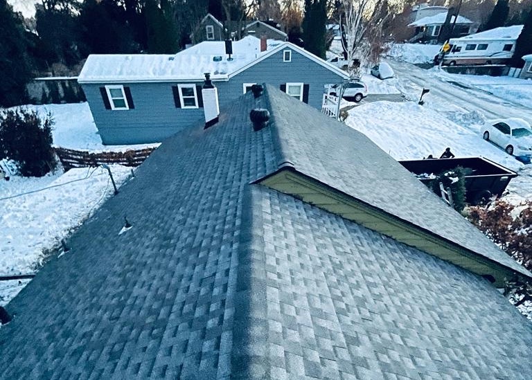 black and gray shingle roof with blue siding home in background