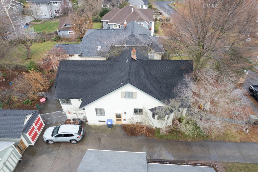 gaf hdz charcoal shingles on white home in walla walla