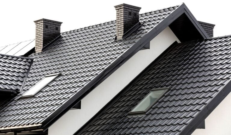 Ceramic chimney, metal roof tiles, gutters, roof window
