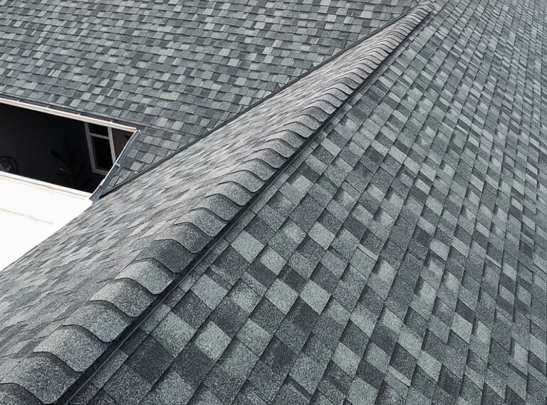 Close-up of a grey shingle roof