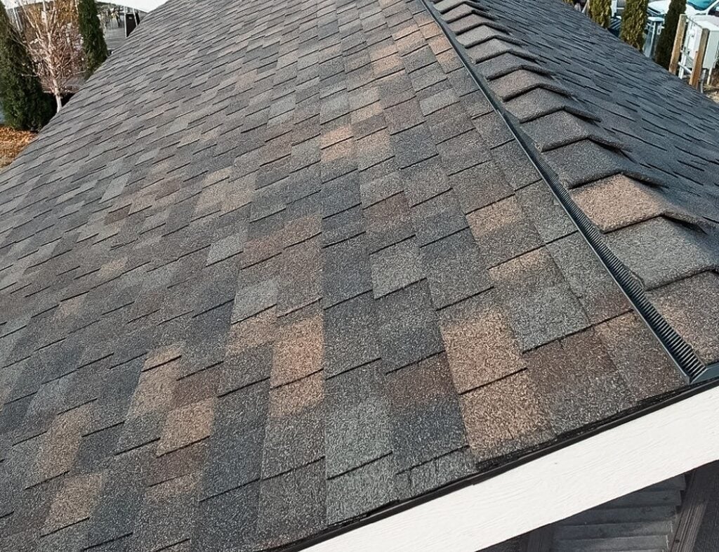 A dark shingle roof
