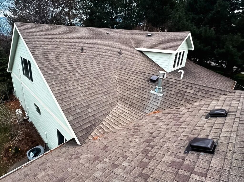 A newly installed shingle roof