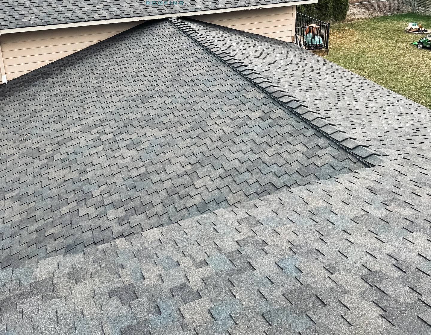 Close-up of a grey shingle roof