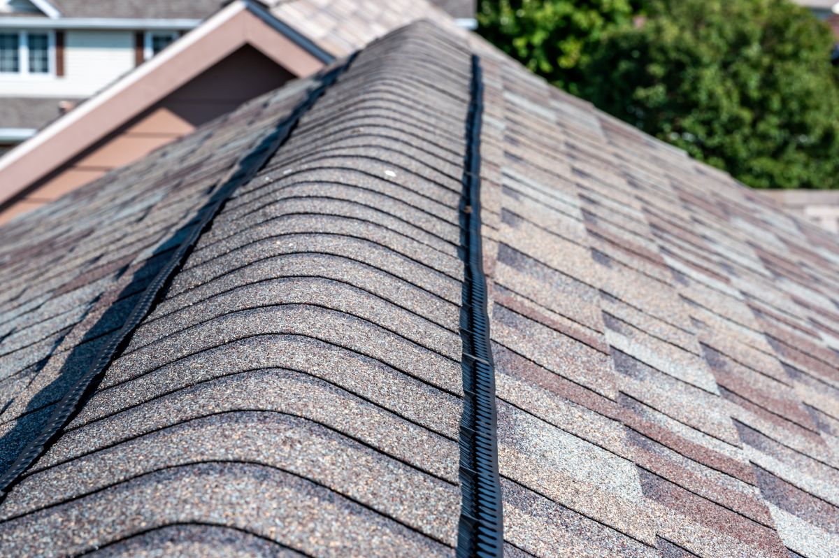 ridge cap shingles light grey asphalt close up
