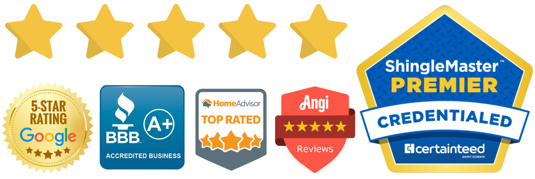 Alpine Roofing 552 five-star reviews: Google, BBB Accredited, HomeAdvisor Top Rated, Angi and CertainTeed ShingleMaster PREMIER